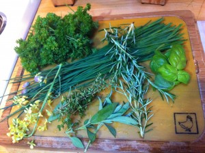 For this particular recipe, I grabbed whatever herbs could be found in the garden. Parsley, chives, basil, sage, rosemary, thyme, broccoli flowers, and curry leaves made themselves at home. Curry leaves?! Yes, curry leaves.